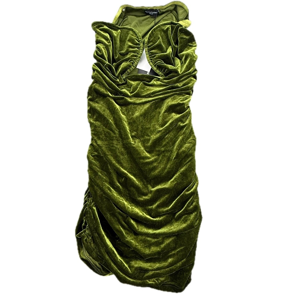 PrettyLittleThing Bodycon Dress Womens 16 Olive V Bar Velvet Ruched CMV1484